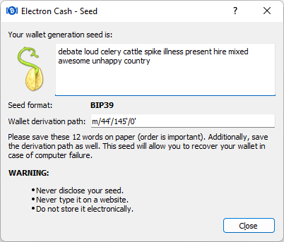 Electron Cash Seed dialog