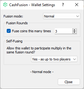Electron Cash Wallet Fusion Settings dialog