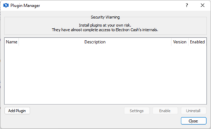 Electron Cash Installed Plugins dialog